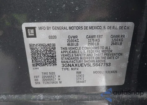 2020 Chevrolet Equinox Awd Lt 1.5L Turbo z USA, uszkodzony, nr VIN 3GNAXUEV5LS647753